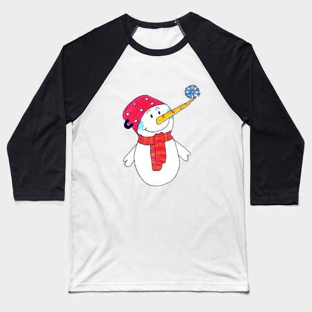 Cute Snowman with a Snowflake Kids Drawing Baseball T-Shirt by OneLook